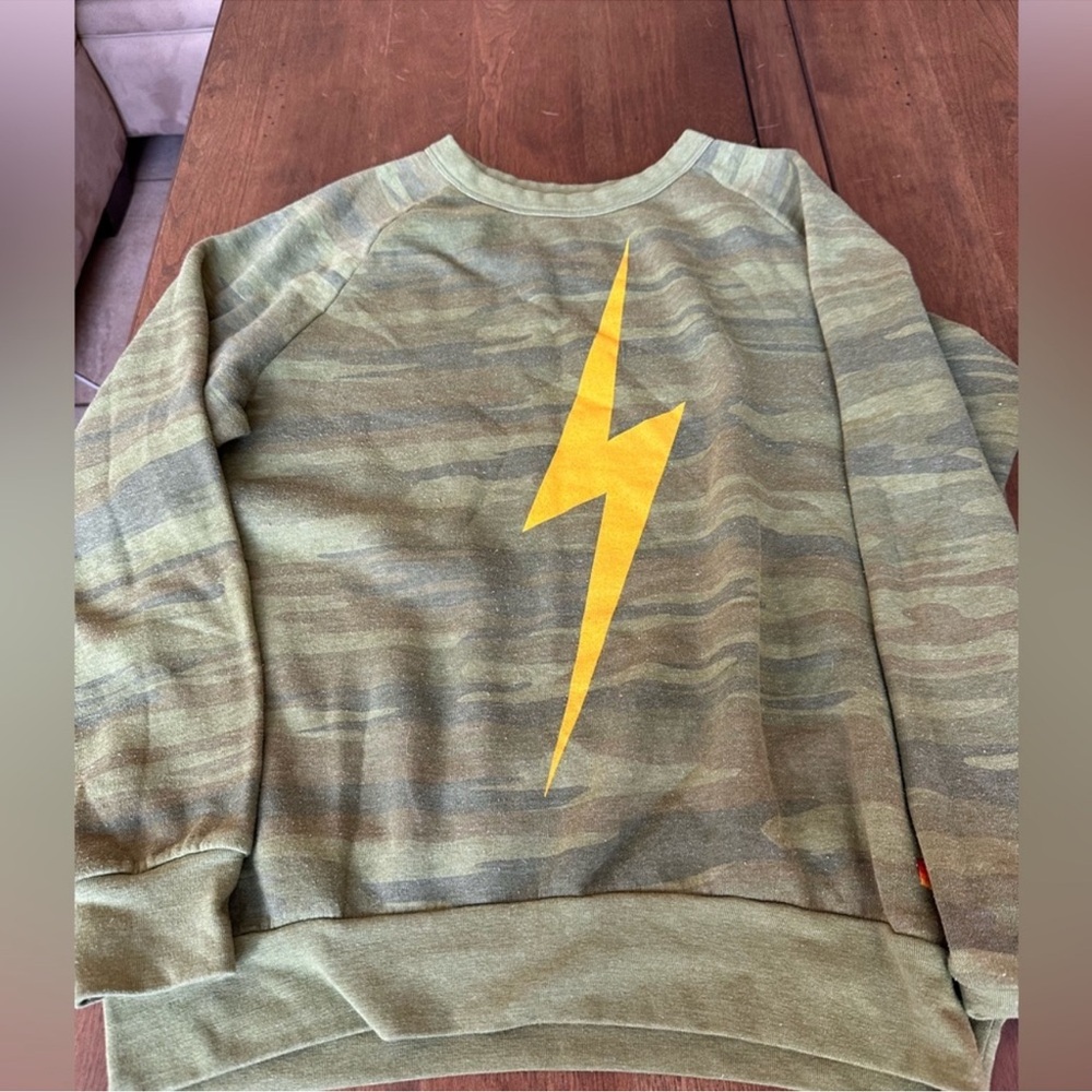 Aviator Nation Green Camo Crewneck with Yellow Bolt